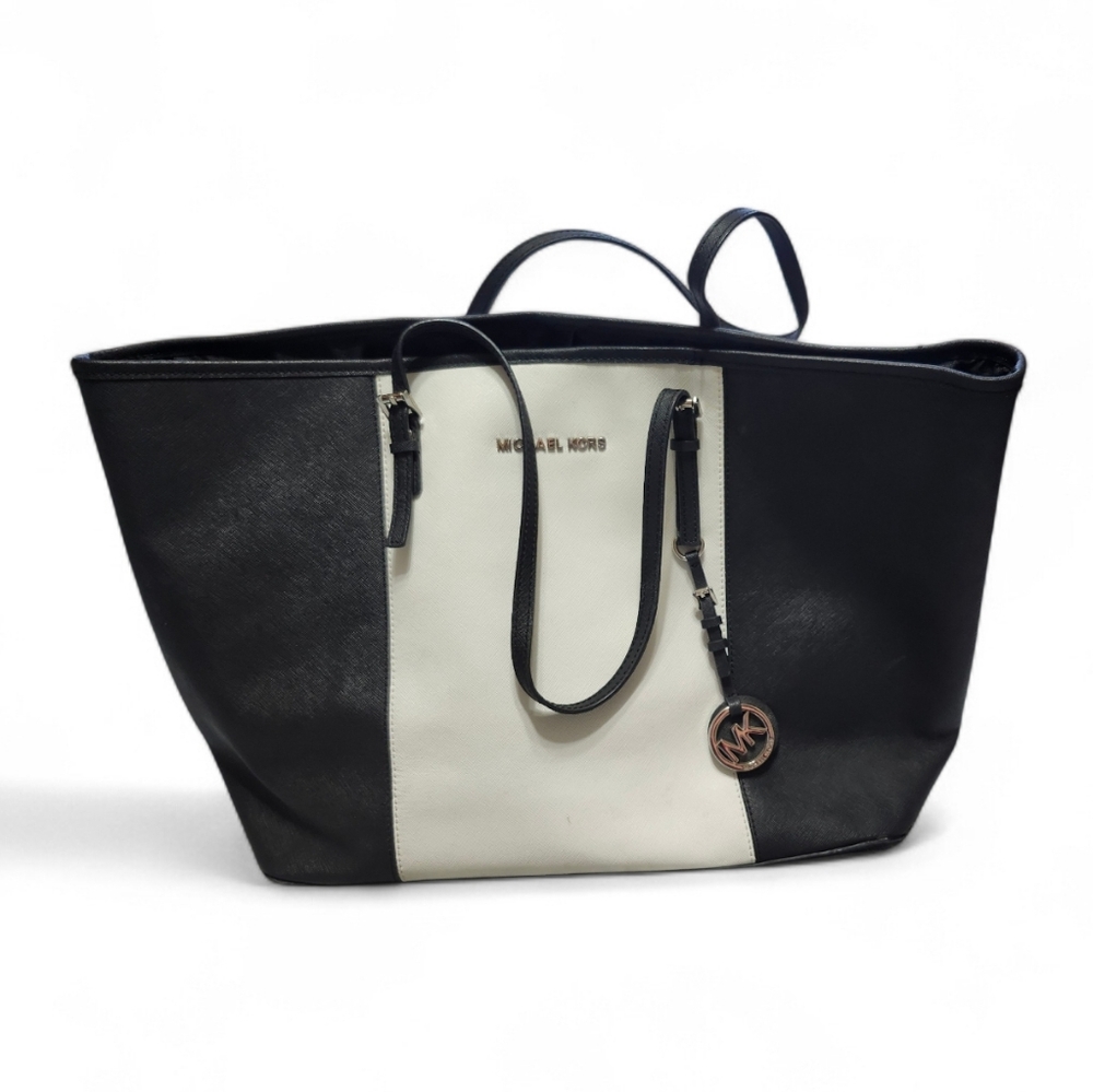 Michael Kors Large Tote Bag Black White Logo Shoulder Purse Travel Work Classic - Picture 3 of 9